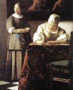 VERMEER VAN DELFT, Jan Lady Writing a Letter with Her Maid (detail)  ert oil painting artist
